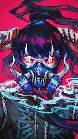 Anime Girl with Oni Gas Mask and Smoke
