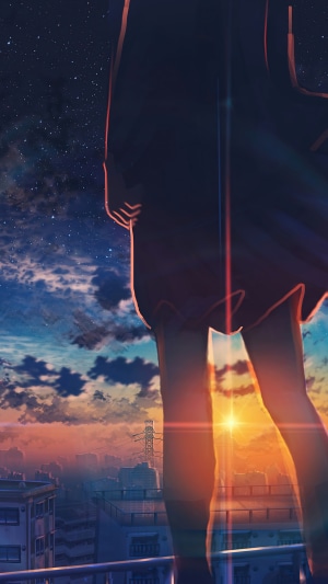 Anime girl watching sunset over city