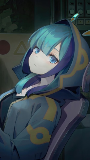Anime girl with blue hair wearing a hoodie