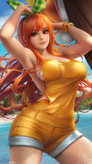 Nami from One Piece on a beach