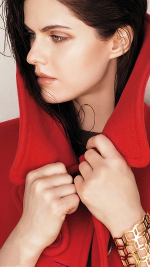 Alexandra Daddario in red coat photoshoot