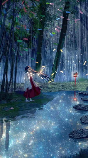 Anime girl in traditional Japanese clothing in a bamboo forest