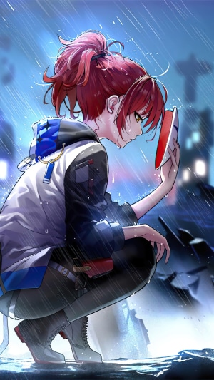 Anime girl holding a mask in the rain