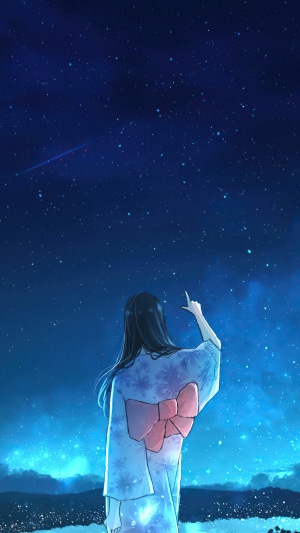 Girl in Kimono Looking at Starry Night Sky