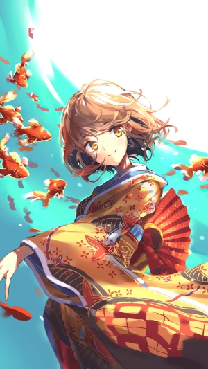 Anime girl in a kimono with goldfish