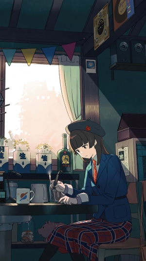 Anime girl in beret and uniform drawing at desk