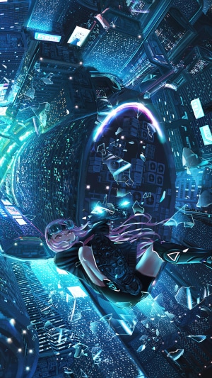 Anime girl falling through a futuristic city