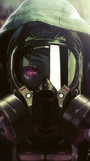 Anime character in a gas mask and hoodie