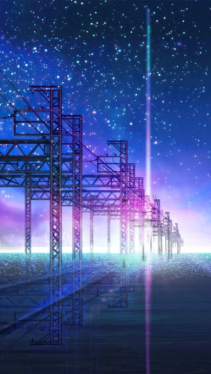 Anime industrial structures on water under starry sky