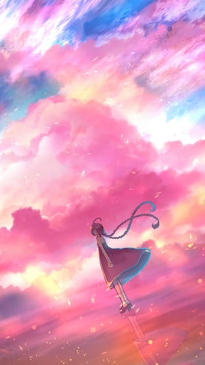 Anime girl with braids in a pink and blue sky
