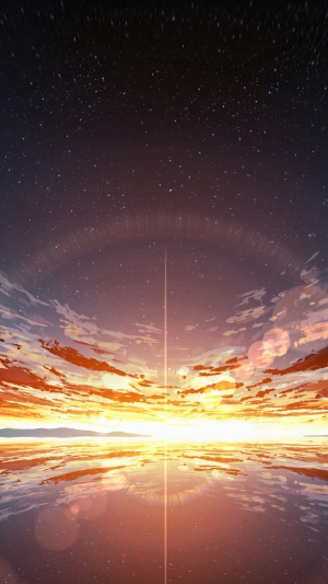 Anime sunset over a reflective body of water with stars