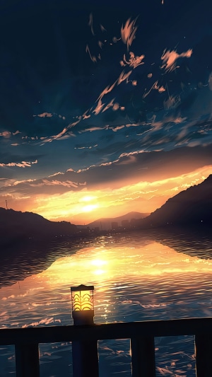 Anime sunset over a lake with mountains and a lamp