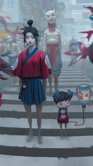 Girl and child with demon puppet in Japanese street