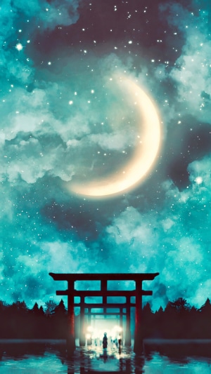 Torii gate under a crescent moon and starry sky