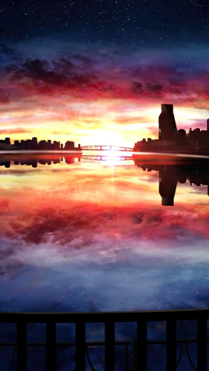 Anime city skyline at sunset reflected in water