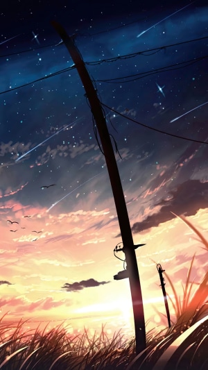 Anime sunset with shooting stars and telephone pole