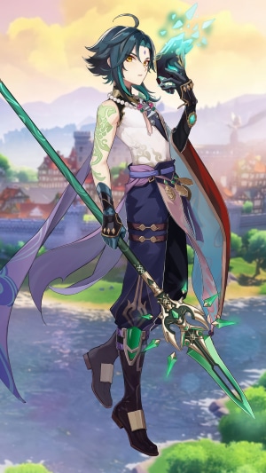 Xiao from Genshin Impact holding a mask