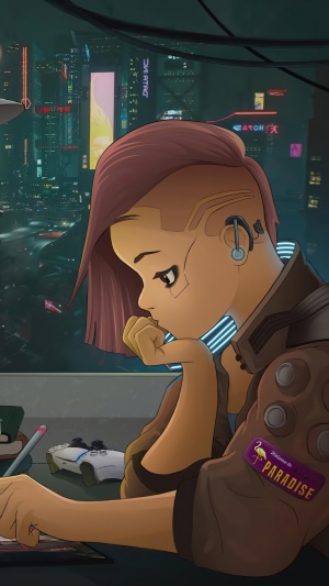 V from Cyberpunk 2077 in a futuristic city