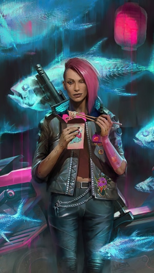 V from Cyberpunk 2077 eating noodles