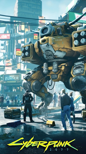 Cyberpunk 2077 mech in a city street