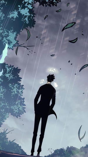 Sung Jin Woo from Solo Leveling in the rain