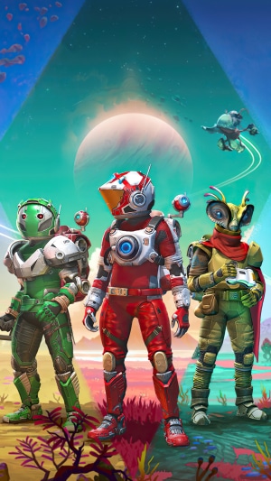 No Man's Sky characters in space suits on alien planet