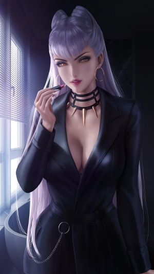 Evelynn from League of Legends KDA applying lipstick