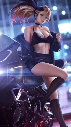 Akali from League of Legends on a motorcycle