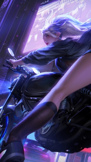 Akali from League of Legends on a motorcycle