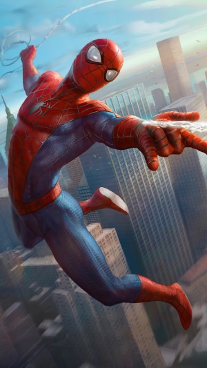 Spider-Man swinging through a city