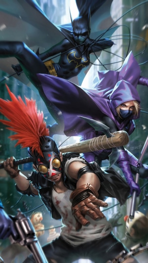 Batgirl, Spoiler, and Orphan fight Clownhunter in Gotham
