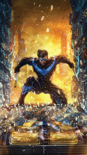 Nightwing from DC Comics in a city