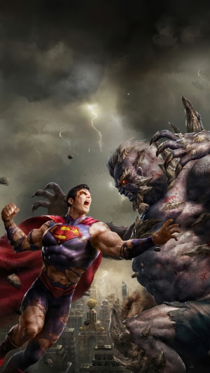 Superman fighting Doomsday in a ruined city