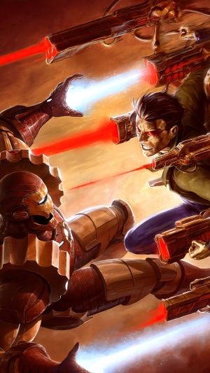 Iron Man fighting a man with guns