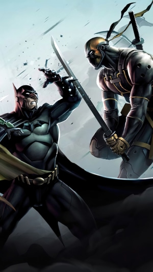 Batman and Deathstroke fighting with swords