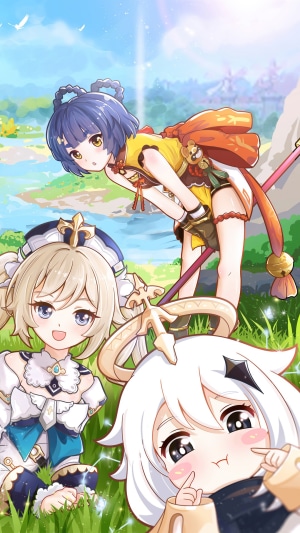 Xiangling, Barbara, and Paimon from Genshin Impact