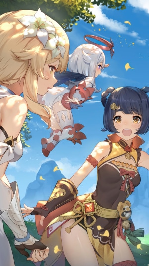 Lumine, Paimon, and Xiangling from Genshin Impact
