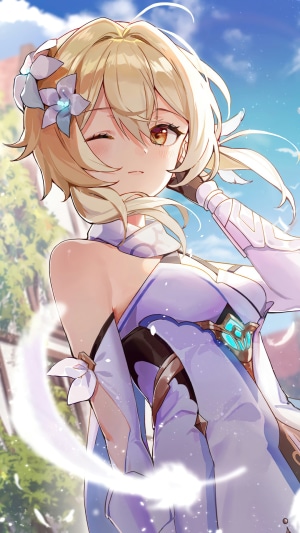 Lumine from Genshin Impact winks