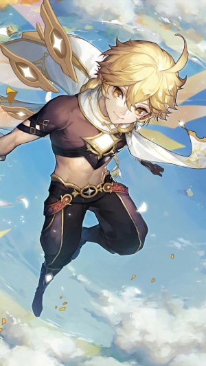 Aether from Genshin Impact flying in the sky