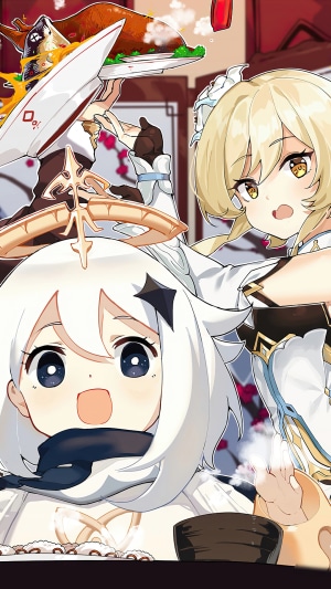 Paimon and Lumine from Genshin Impact with food