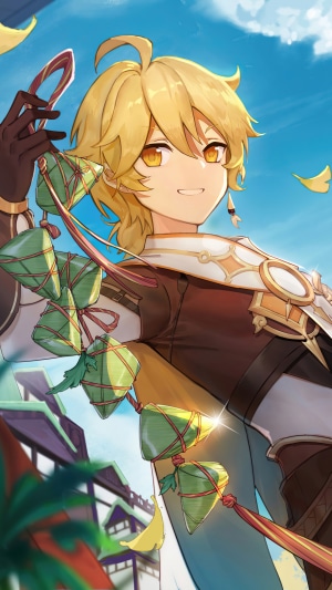 Aether from Genshin Impact holding zongzi