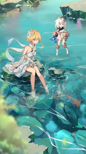 Lumine and Paimon from Genshin Impact by a lake