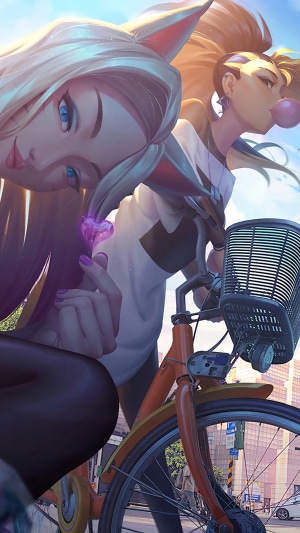 KDA members Ahri and Akali on a bicycle