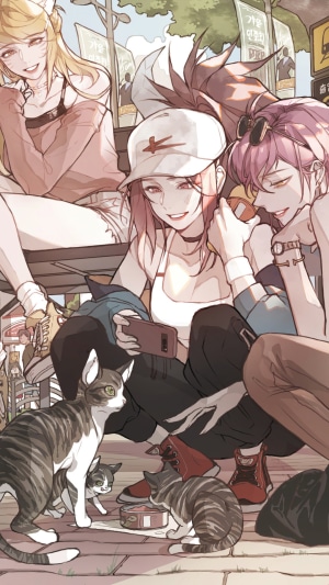 KDA members Ahri, Akali, and Evelynn with cats