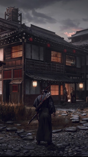 Samurai with bow and arrow in Japanese village