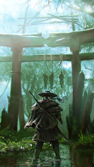 Samurai warrior standing in a swampy forest