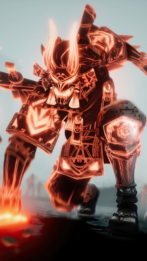 Samurai character with glowing orange armor in Fortnite