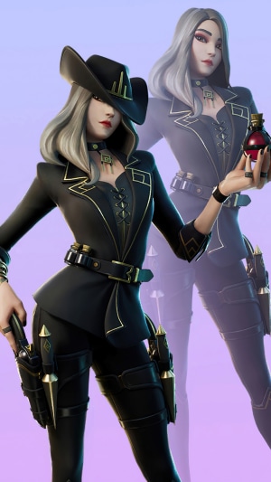 Fortnite character in black suit with guns