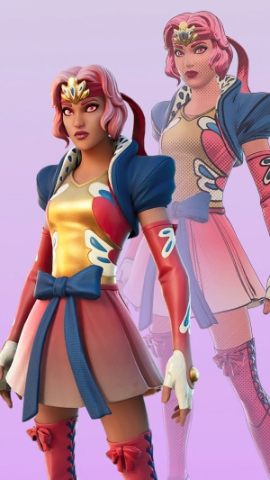 Fortnite character with pink hair and superhero outfit