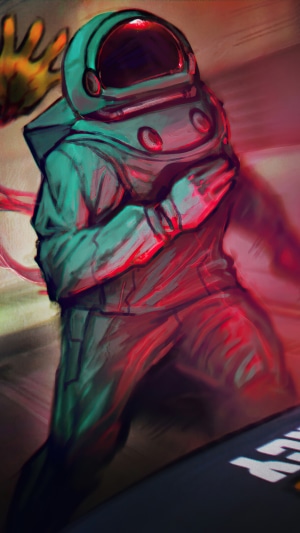 Among Us character in a teal suit with red lighting